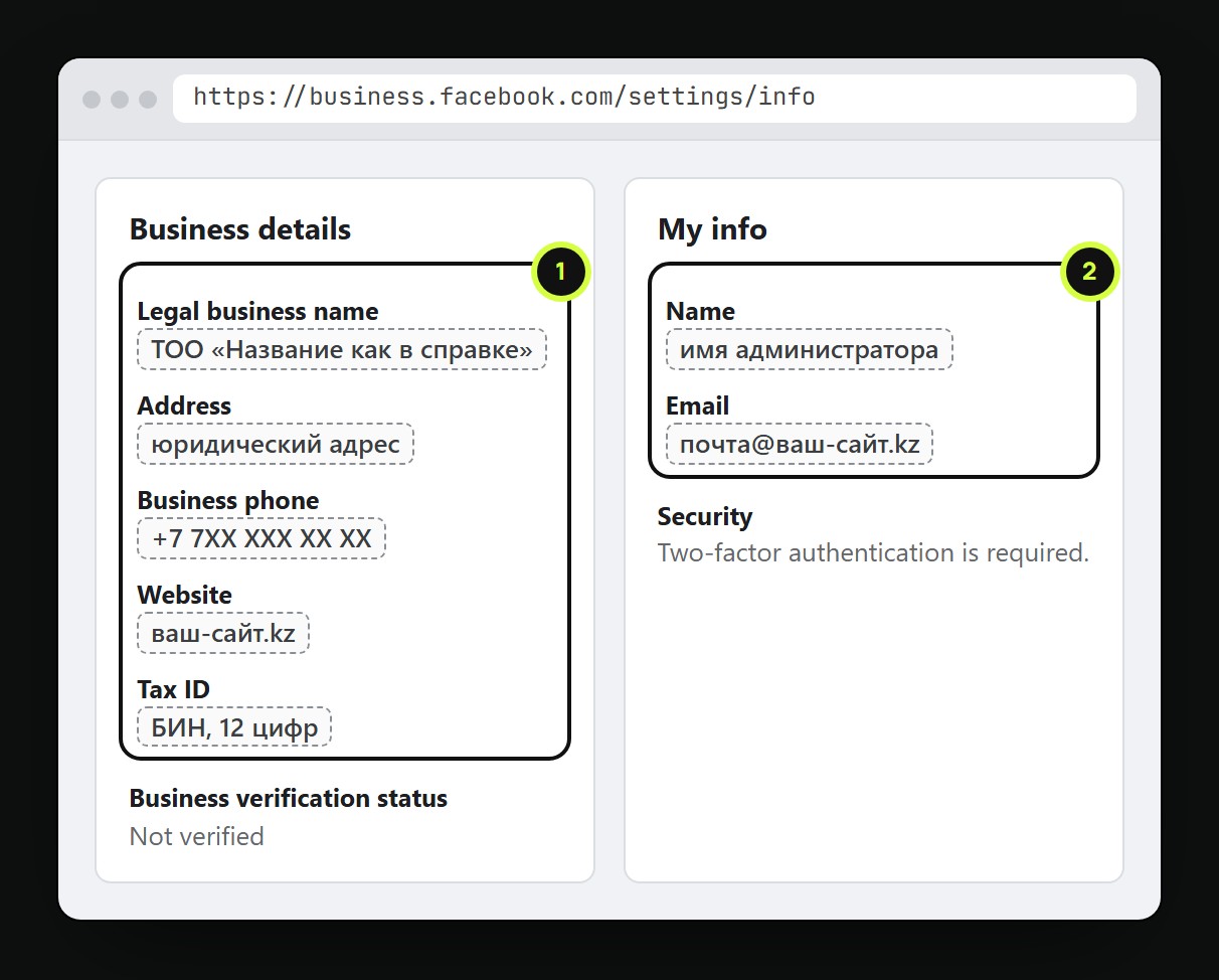 Блоки Business details и My info в настройках портфолио Meta